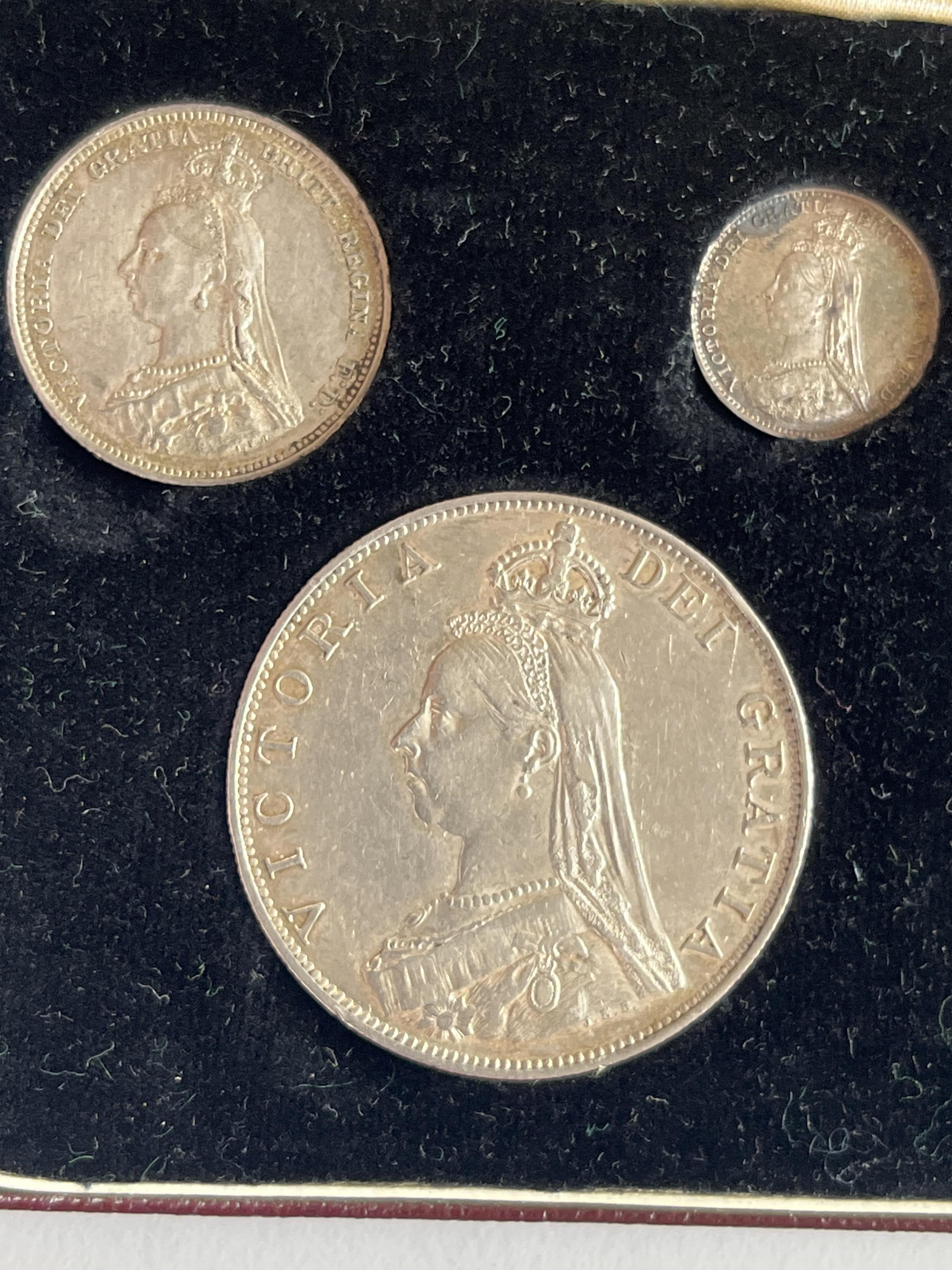 British silver coins, Victoria, 1887 Golden Jubilee specimen coin set, threepence to crown (sixpence lacking), near EF or better